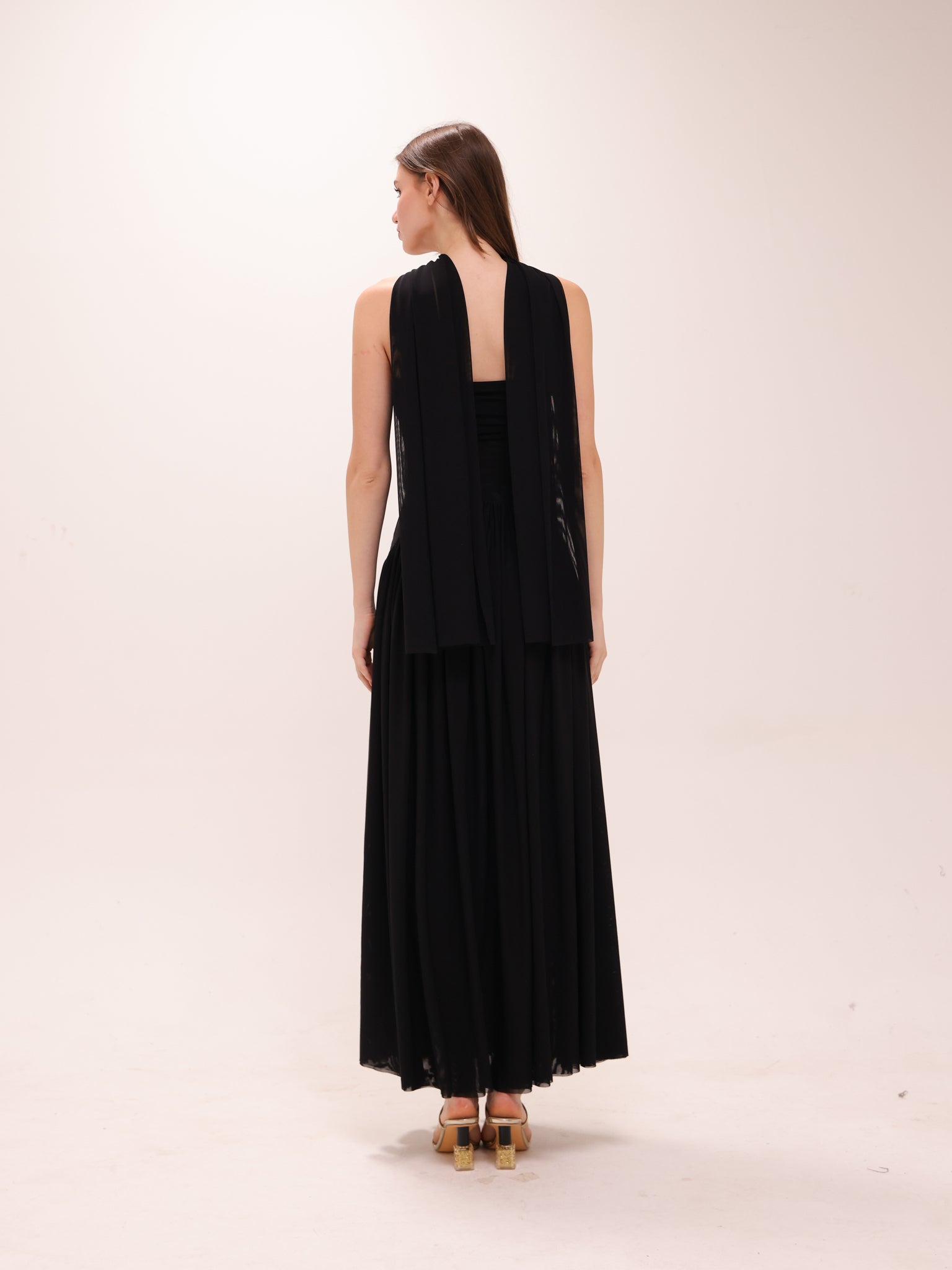 Muse Mesh Halter Gown in Black