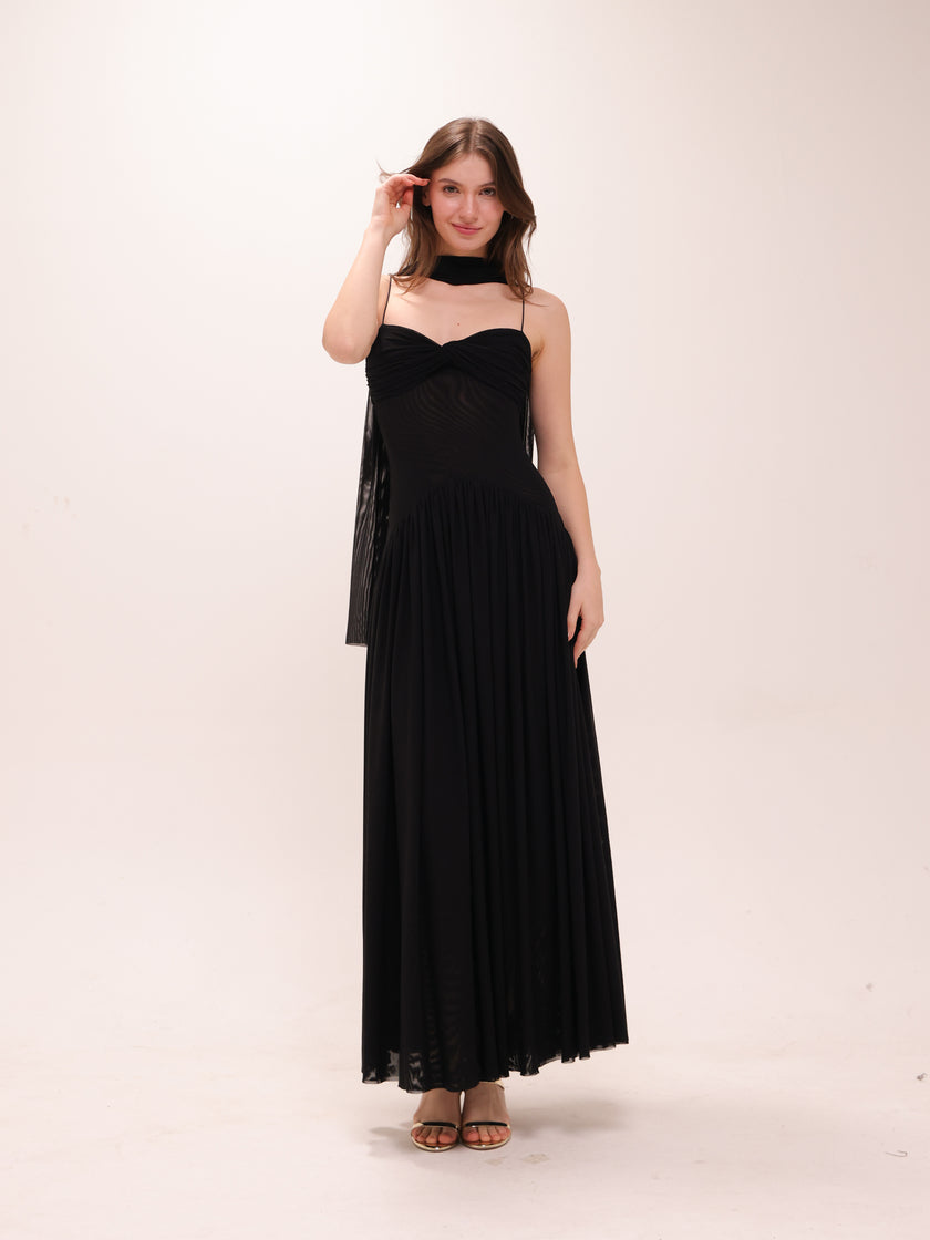 Muse Mesh Halter Gown in Black