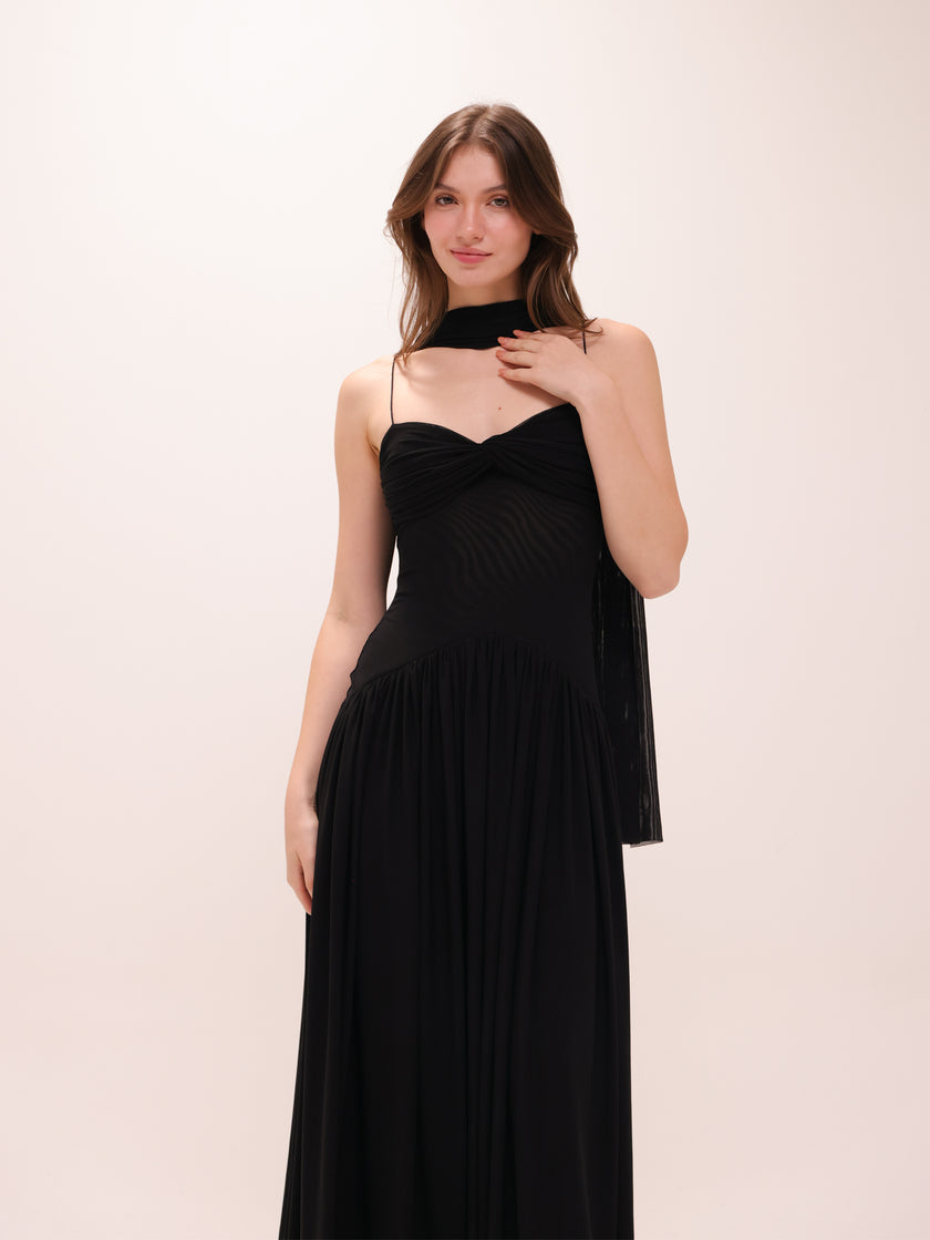 Muse Mesh Halter Gown in Black