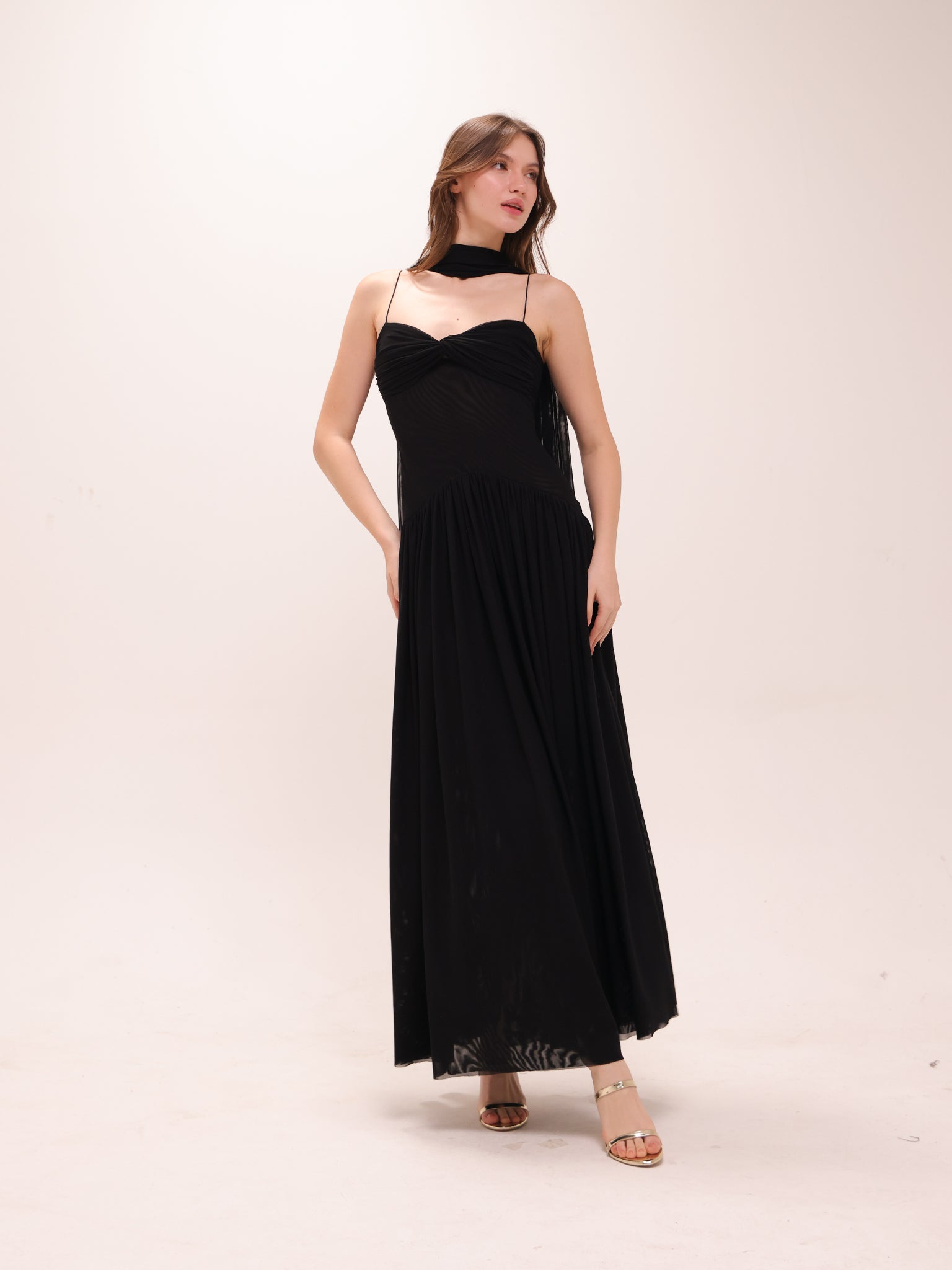 Muse Mesh Halter Gown in Black