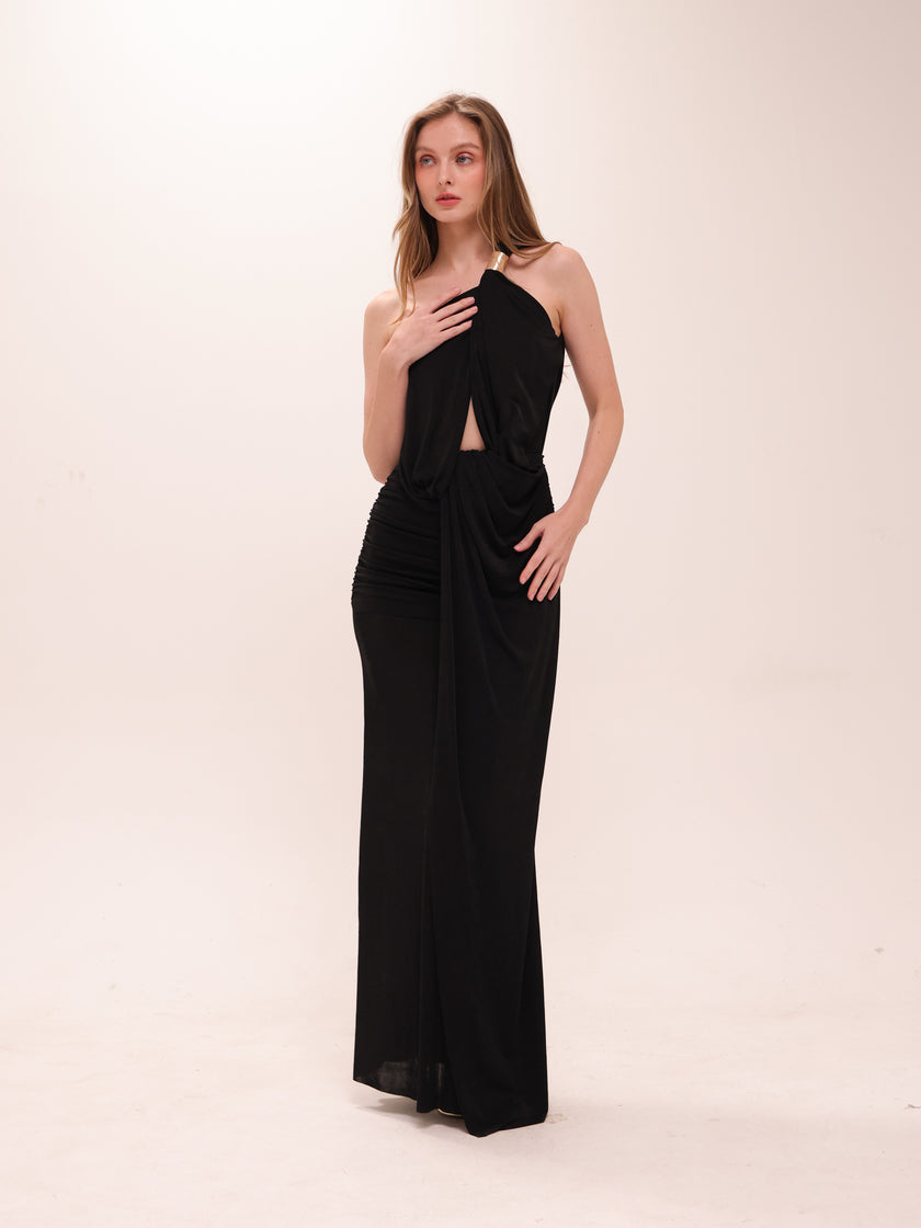 Noir Draped Cut-Out Gown in Black