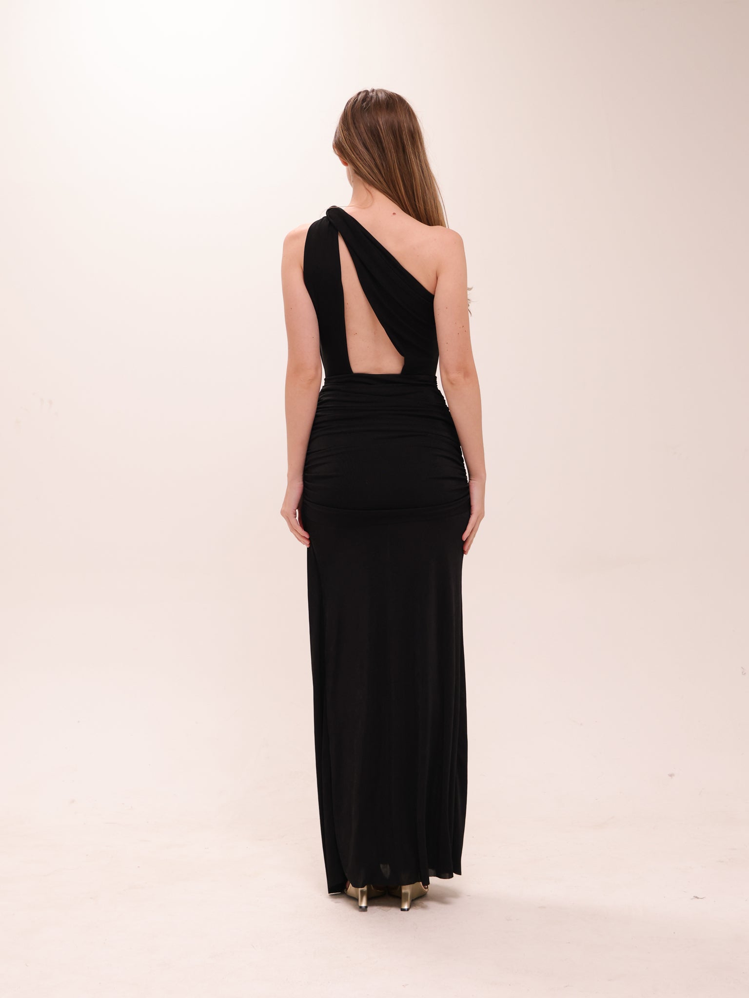 Noir Draped Cut-Out Gown in Black