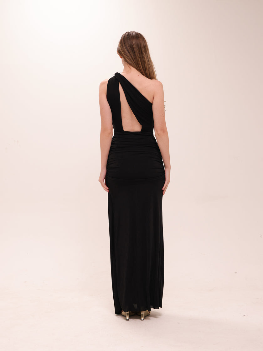Noir Draped Cut-Out Gown in Black