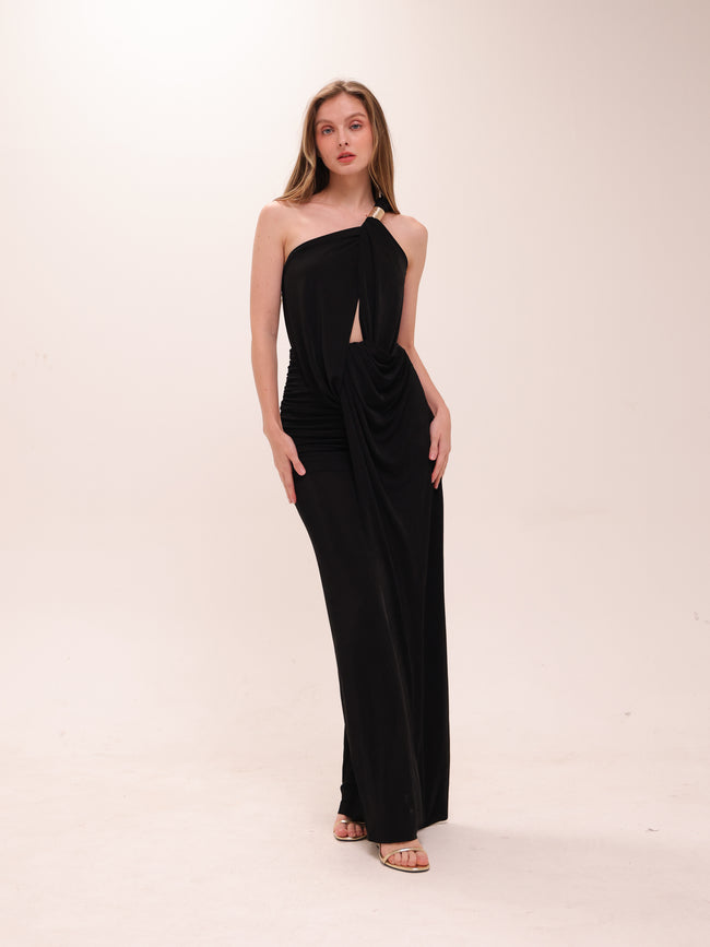 Noir Draped Cut-Out Gown in Black