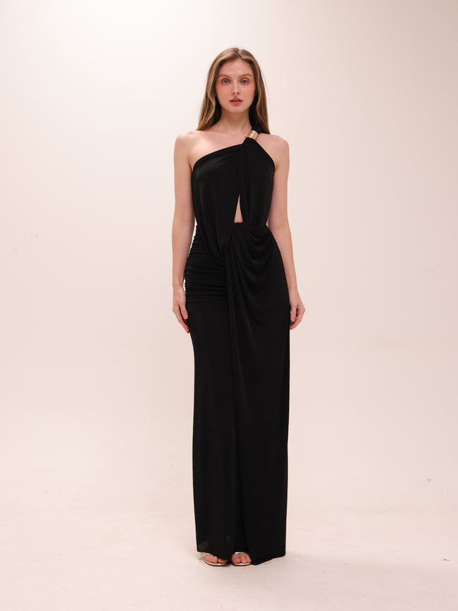 Noir Draped Cut-Out Gown in Black