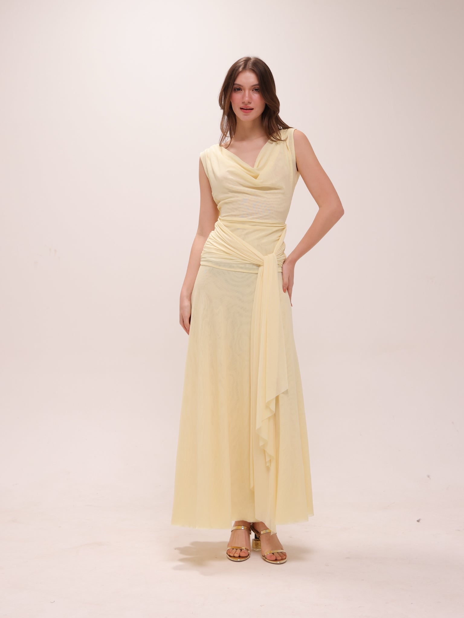 The Solène Drape Maxi Dress in Yellow