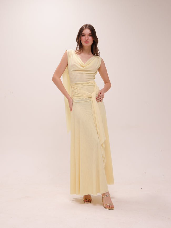 The Solène Drape Maxi Dress in Yellow