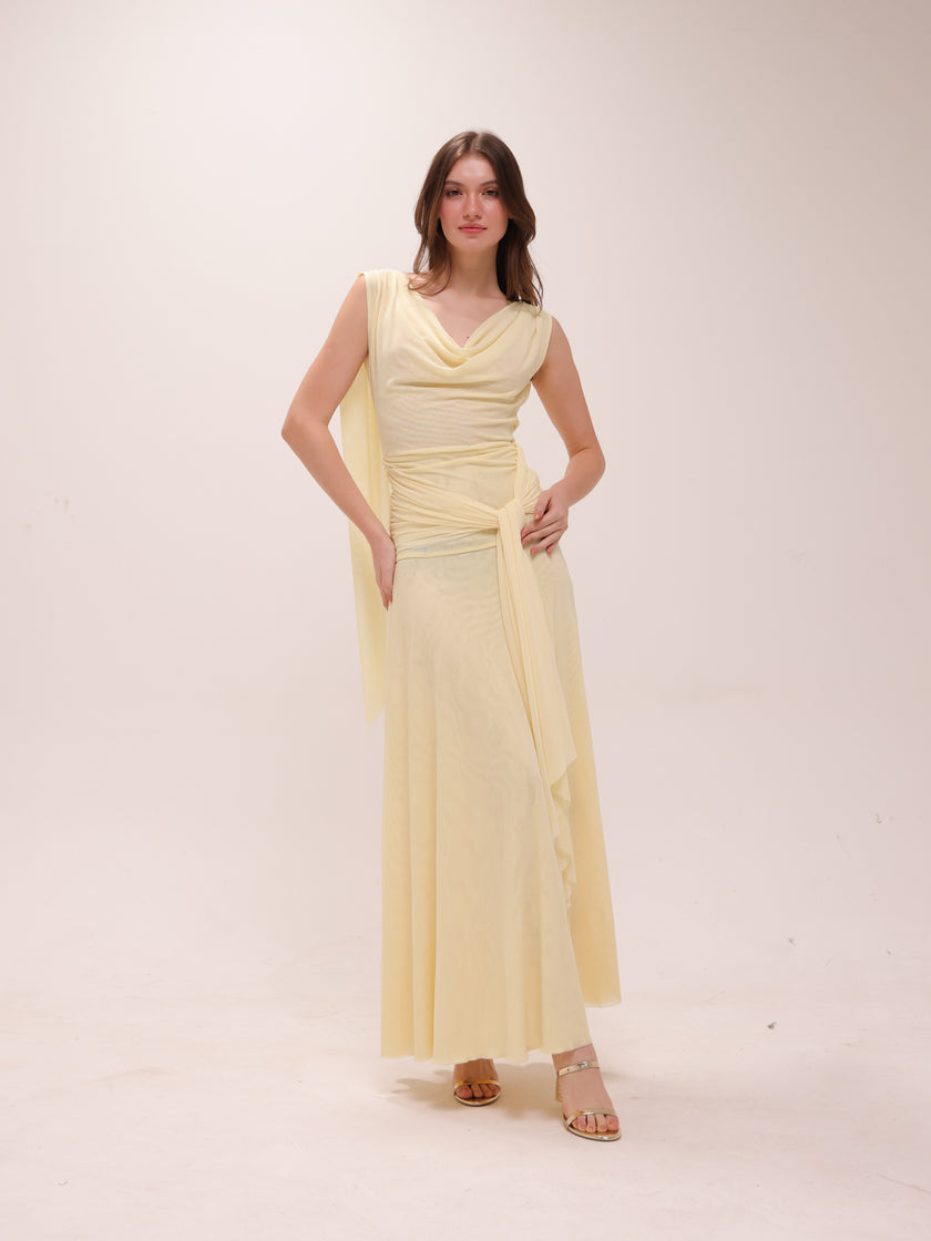 The Solène Drape Maxi Dress in Yellow