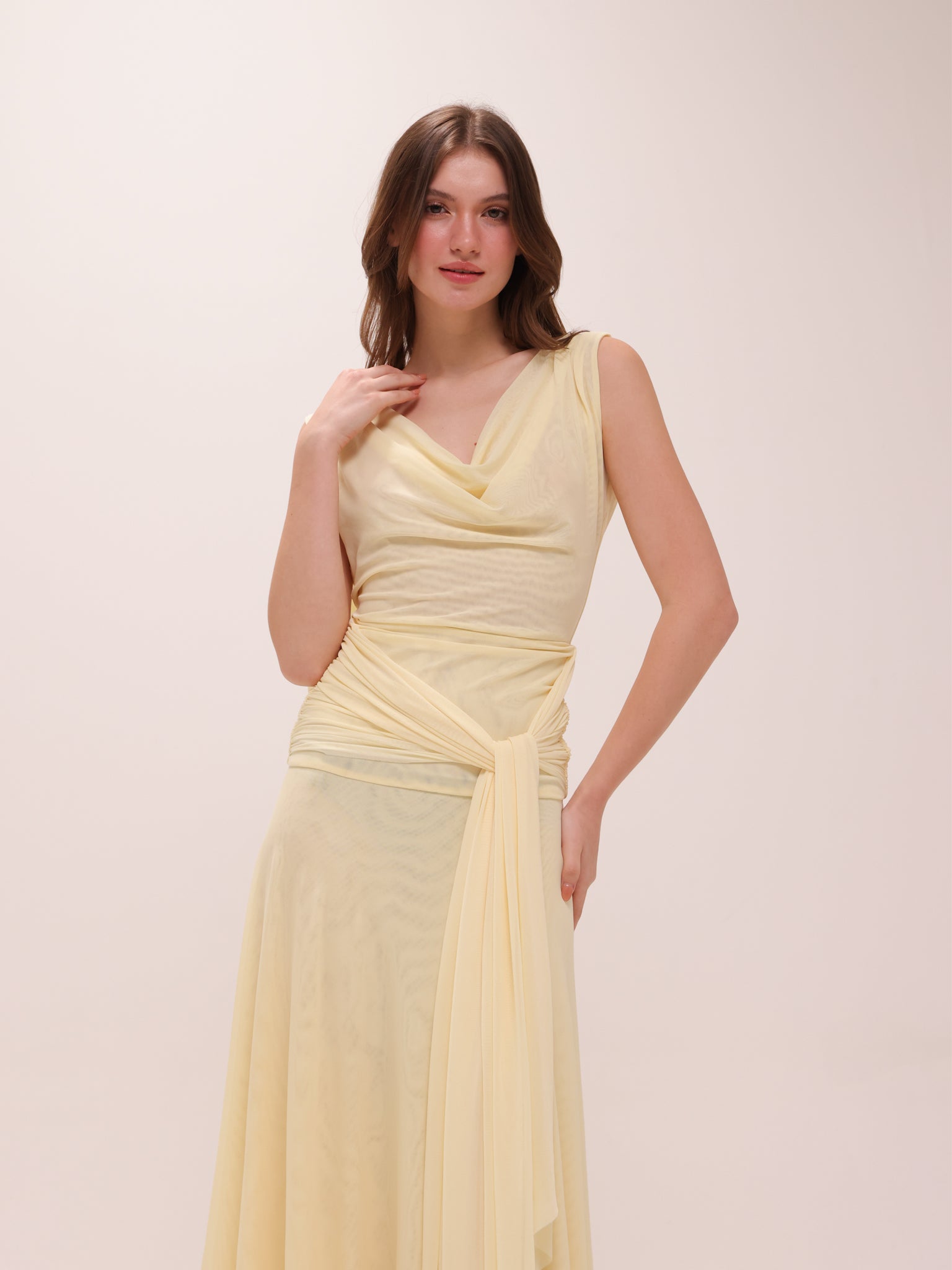 The Solène Drape Maxi Dress in Yellow