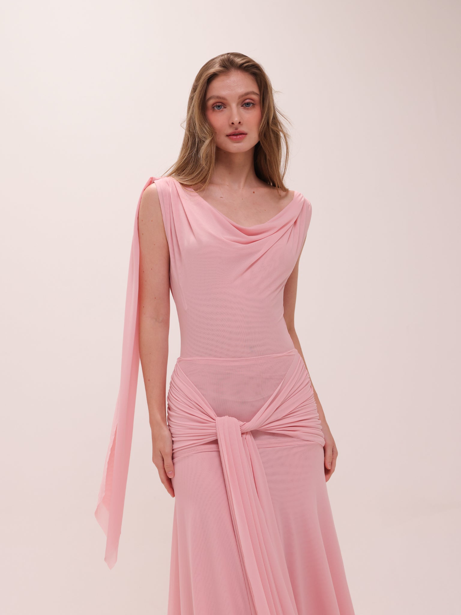 The Solène Drape Maxi Dress in Pink