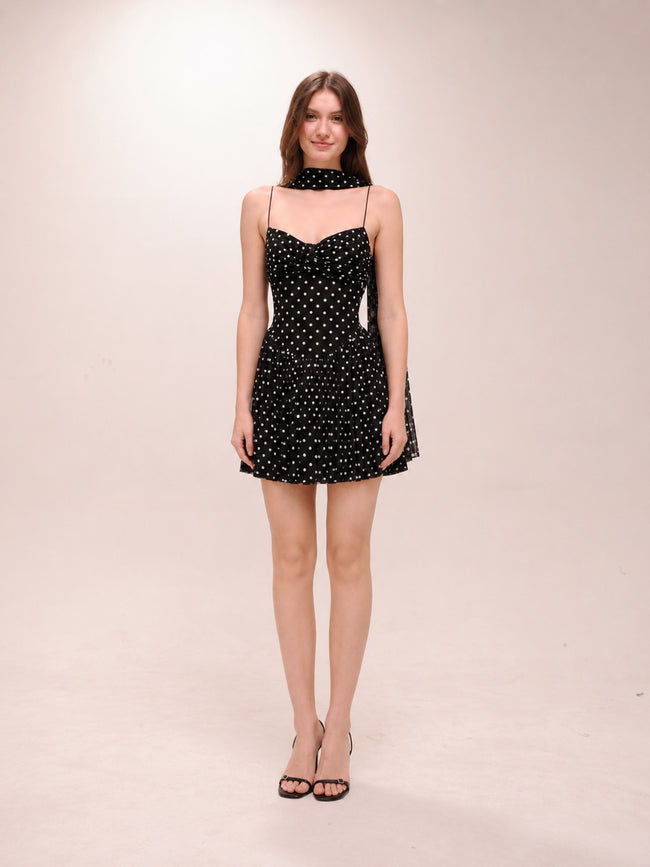 Polka Dots Mesh Ruched Mini Dress