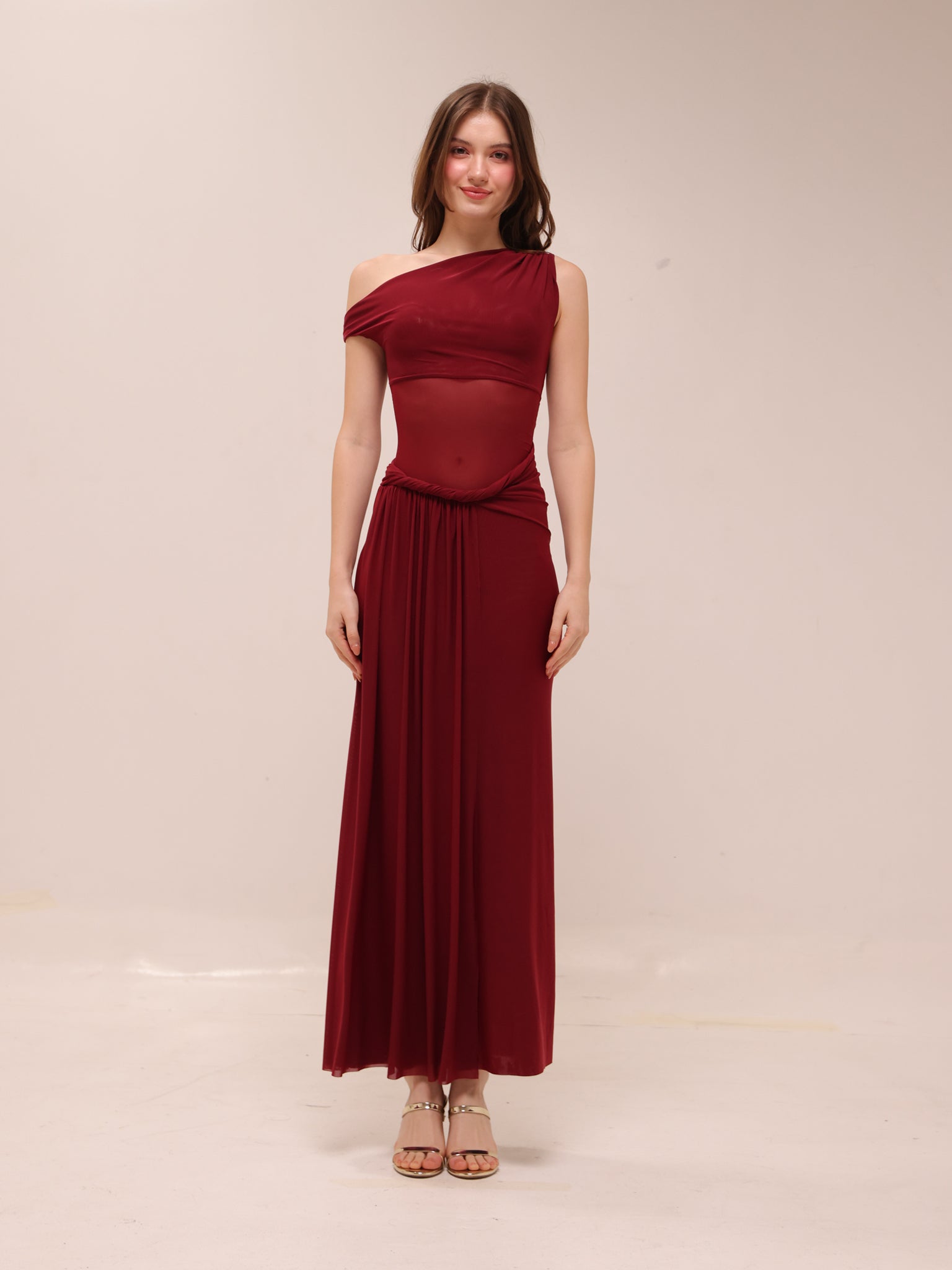 Mesh One-Shoulder Draped Gown in Red
