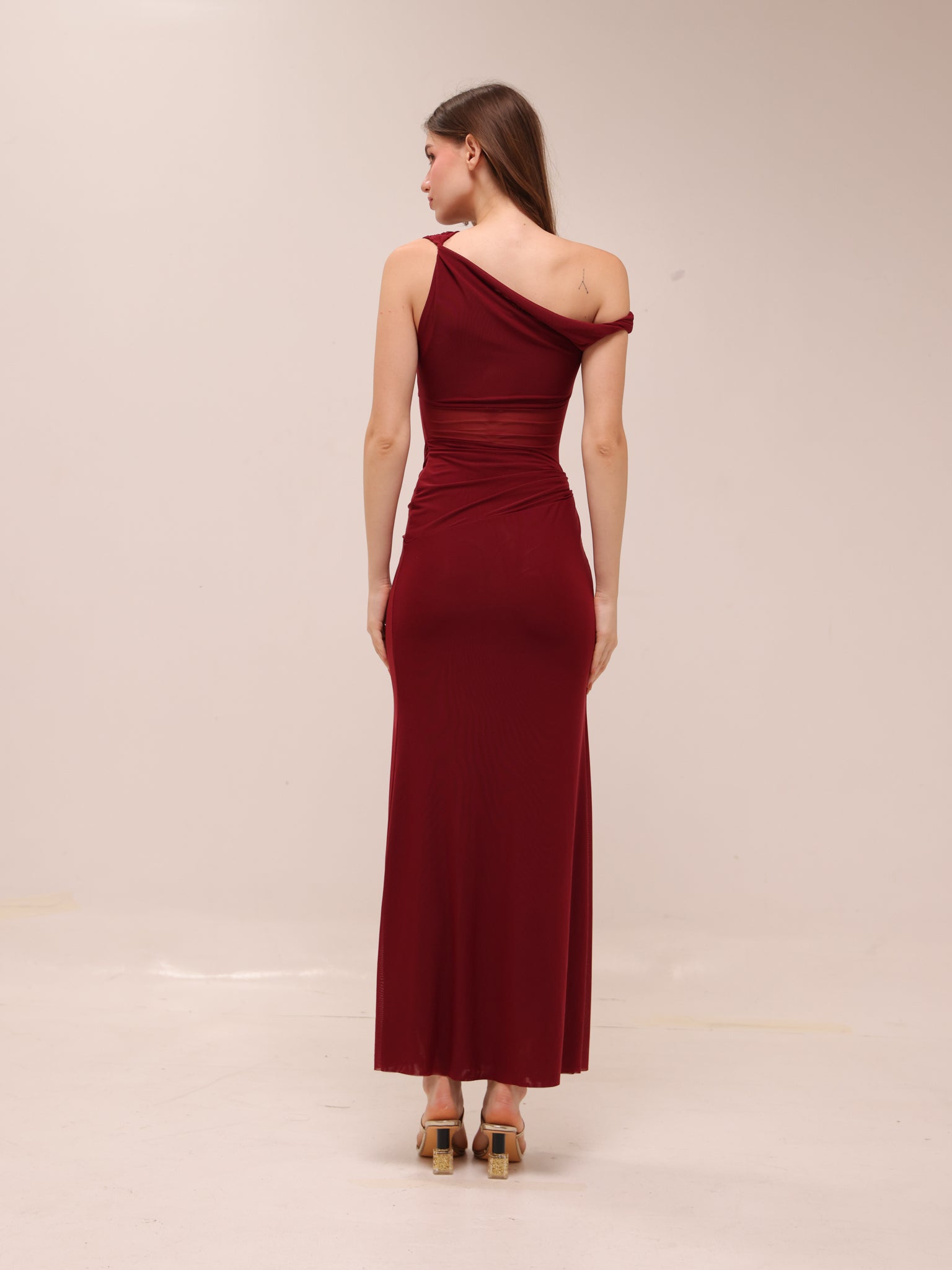 Mesh One-Shoulder Draped Gown in Red
