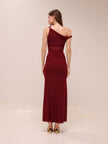 Mesh One-Shoulder Draped Gown in Red