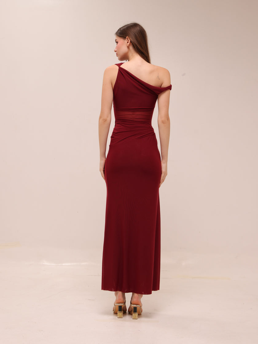 Mesh One-Shoulder Draped Gown in Red