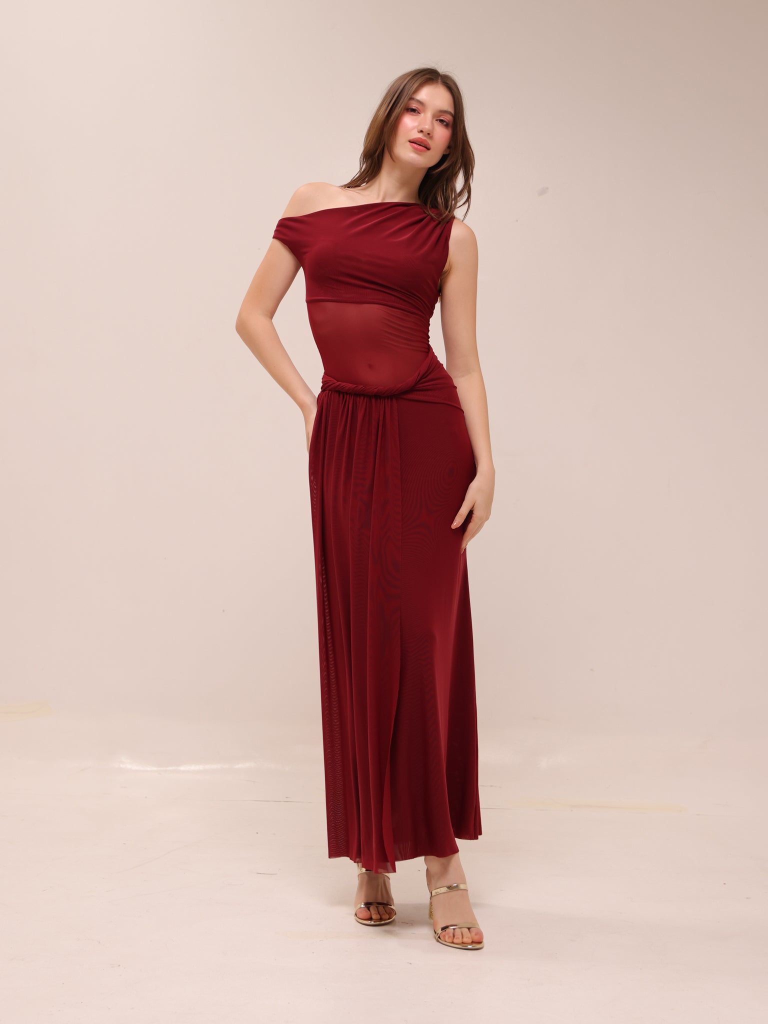 Mesh One-Shoulder Draped Gown in Red