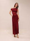 Mesh One-Shoulder Draped Gown in Red