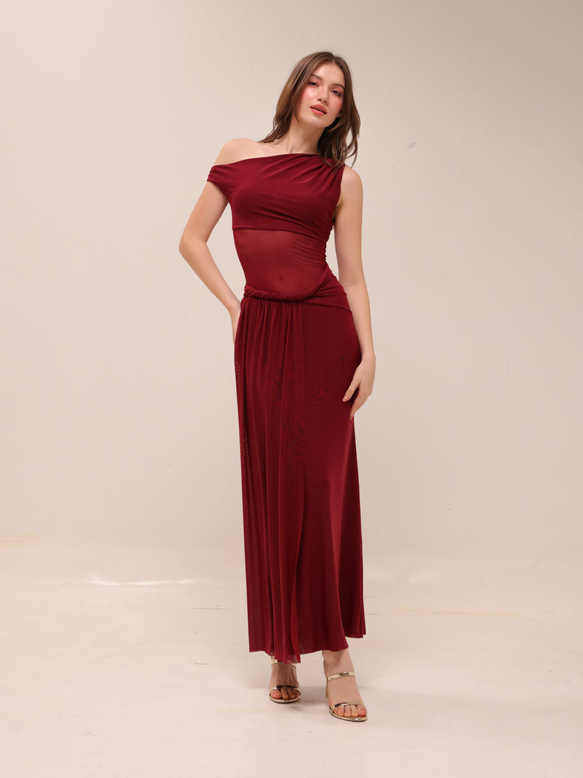 Mesh One-Shoulder Draped Gown in Red