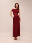 Mesh One-Shoulder Draped Gown in Red