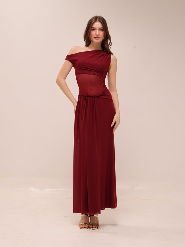 Mesh One-Shoulder Draped Gown in Red