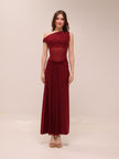 Mesh One-Shoulder Draped Gown in Red