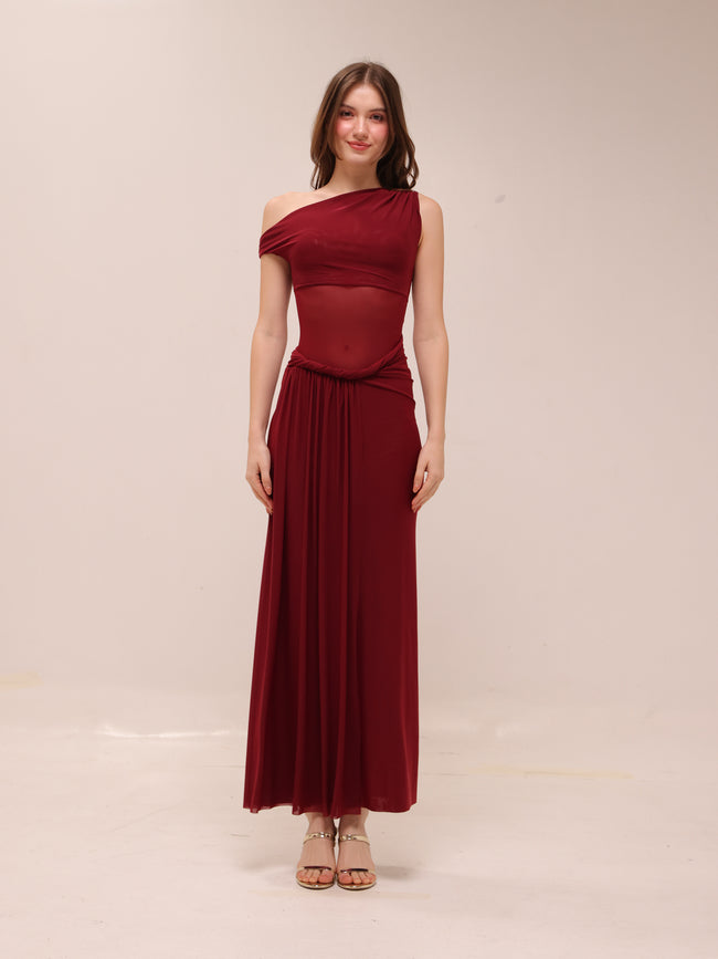 Mesh One-Shoulder Draped Gown in Red