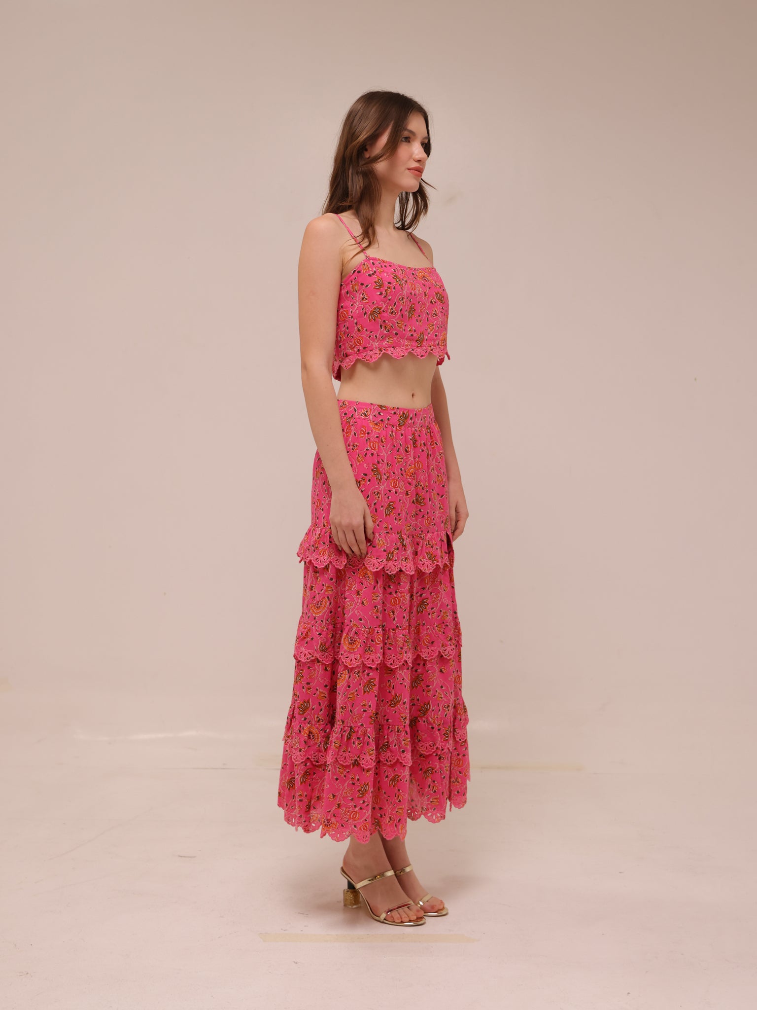 Floral Crop Ruched Scalloped Tank Pink & Skirt