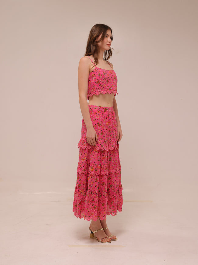 Floral Crop Ruched Scalloped Tank Pink & Skirt