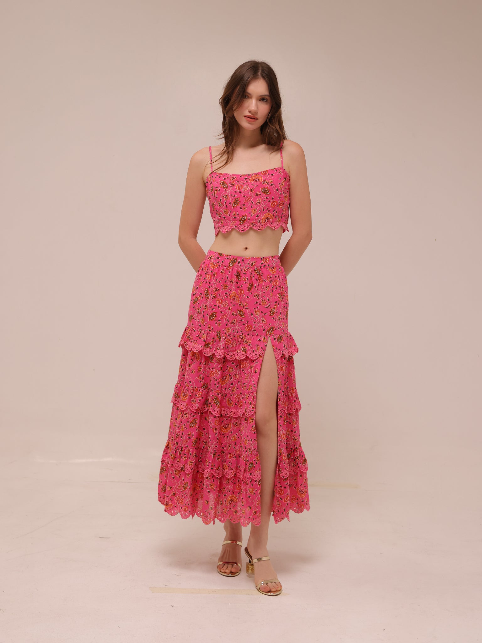 Floral Crop Ruched Scalloped Tank Pink & Skirt