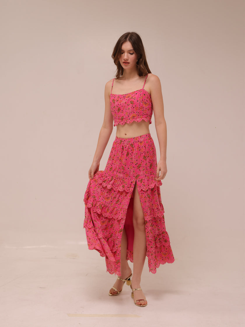 Floral Crop Ruched Scalloped Tank Pink & Skirt