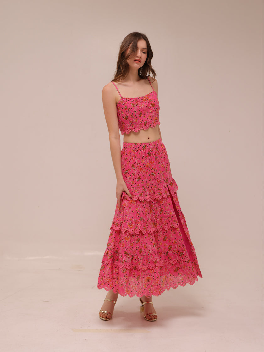 Floral Crop Ruched Scalloped Tank Pink & Skirt