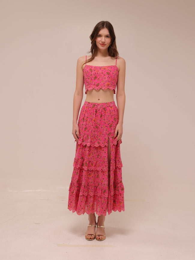 Floral Crop Ruched Scalloped Tank Pink & Skirt