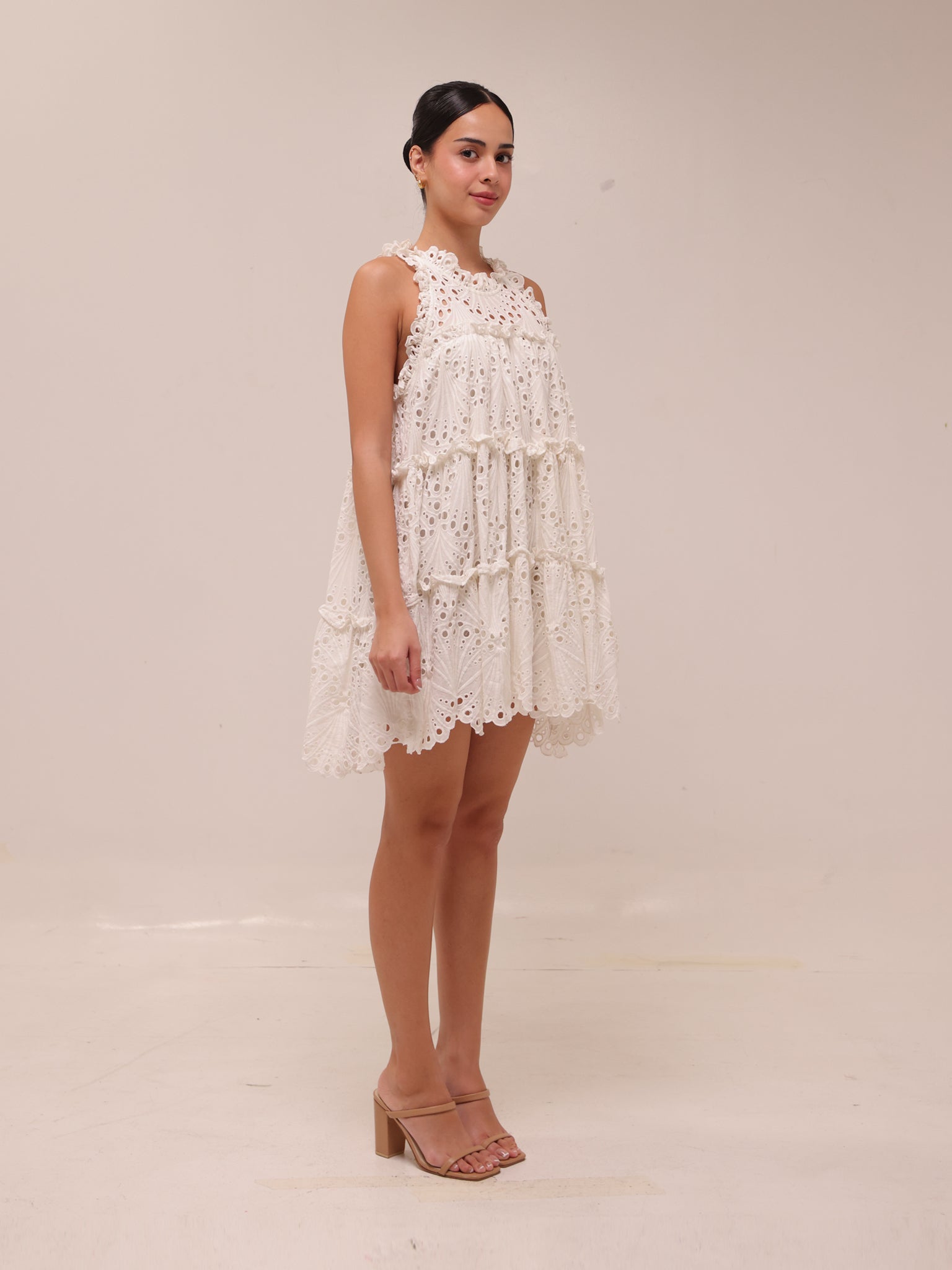 White Eyelet A-Line Ruffle Tiered Boho Indie