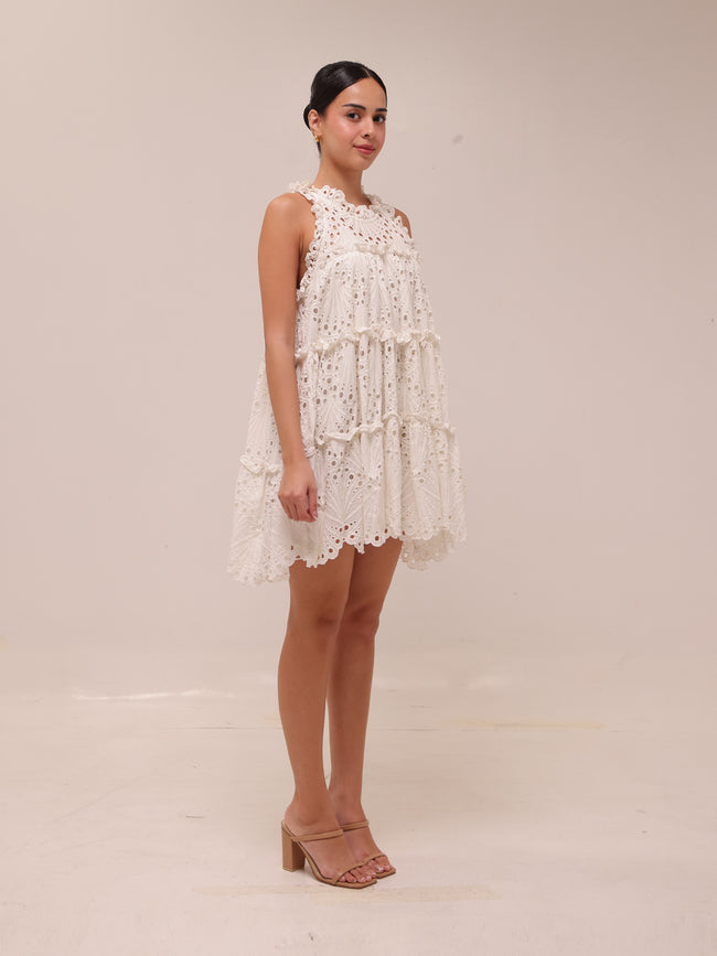 White Eyelet A-Line Ruffle Tiered Boho Indie