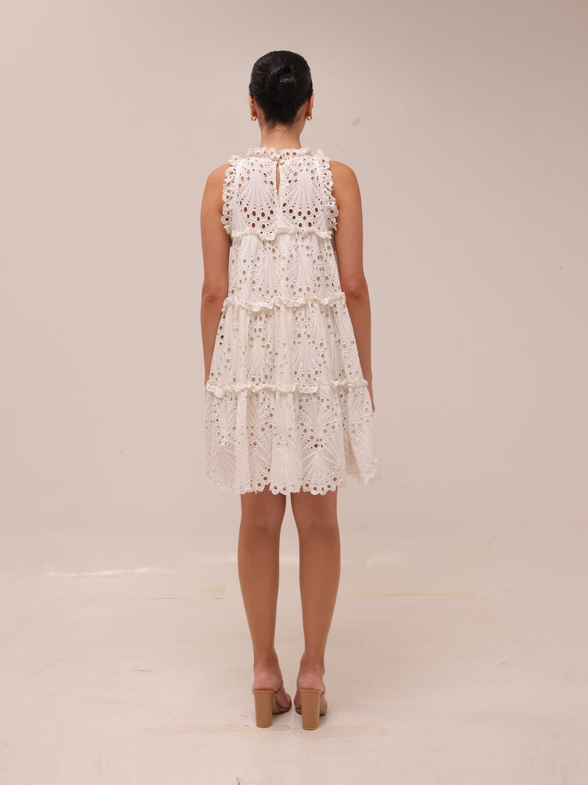 White Eyelet A-Line Ruffle Tiered Boho Indie