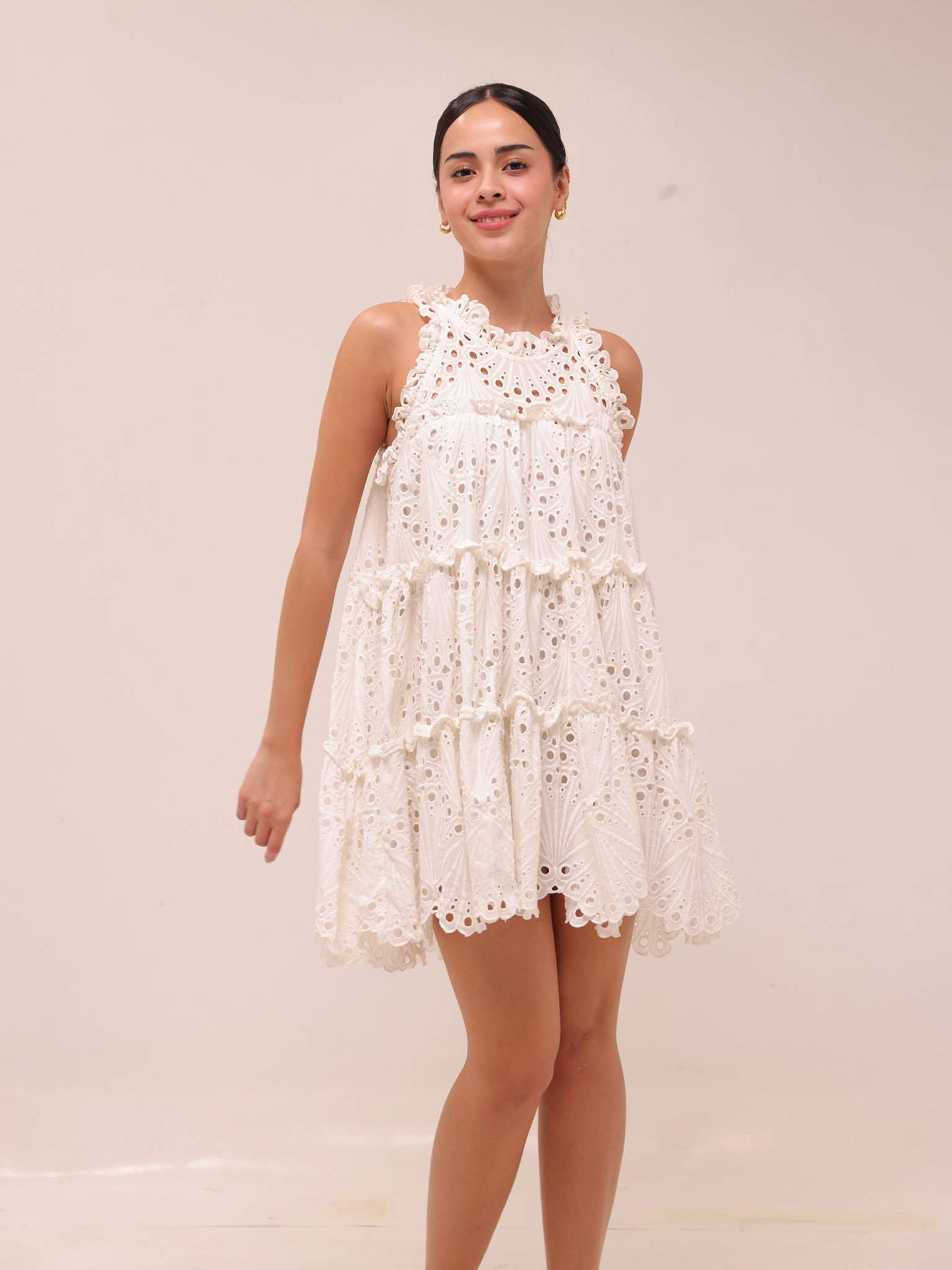 White Eyelet A-Line Ruffle Tiered Boho Indie