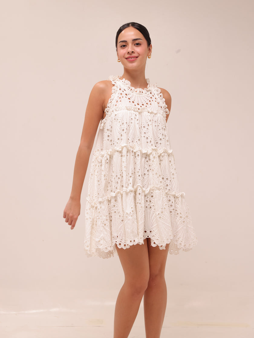 White Eyelet A-Line Ruffle Tiered Boho Indie