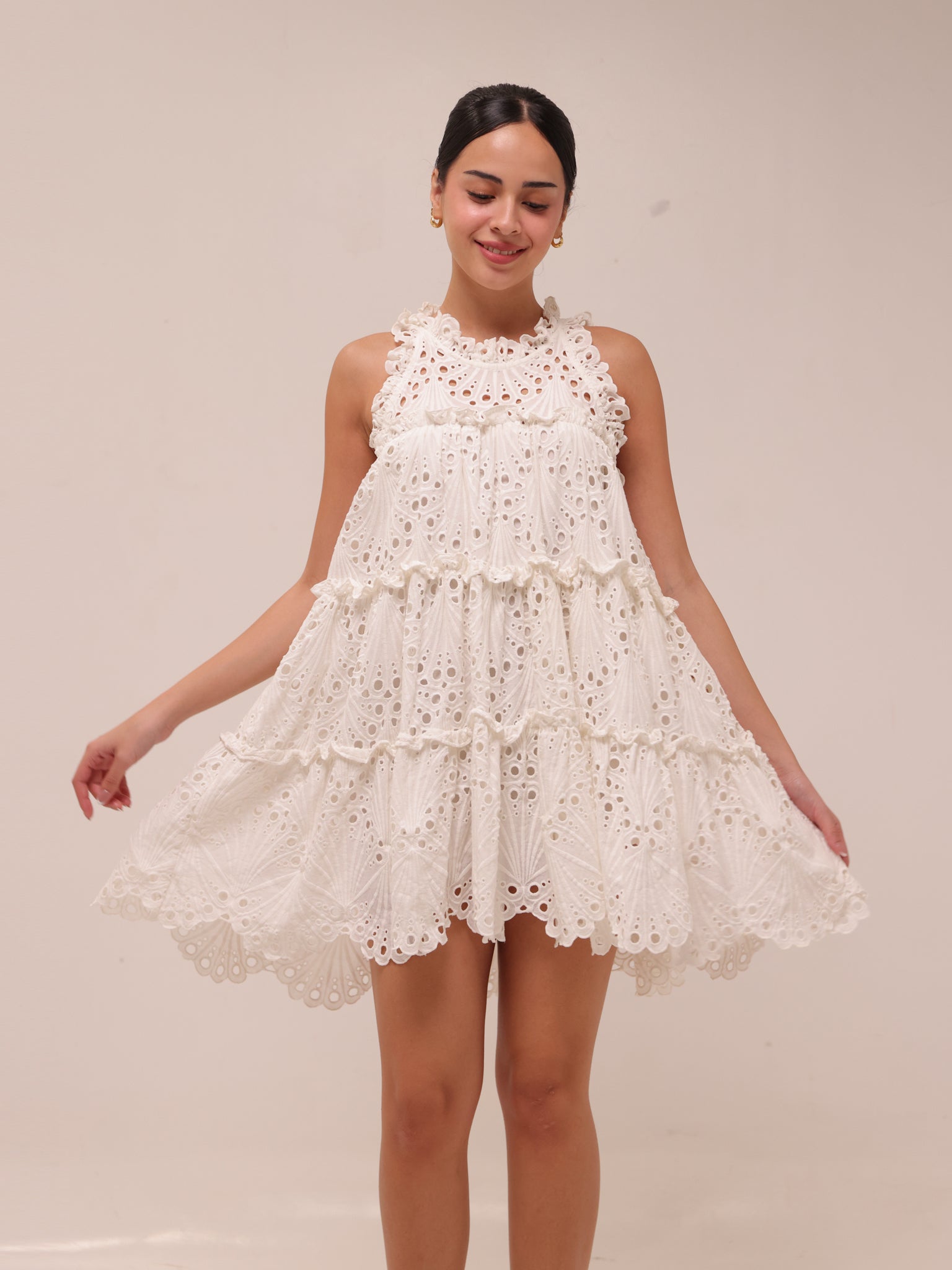 White Eyelet A-Line Ruffle Tiered Boho Indie