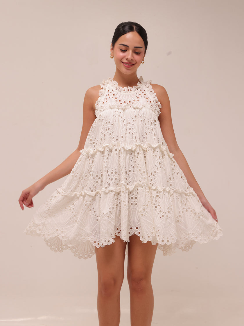 White Eyelet A-Line Ruffle Tiered Boho Indie