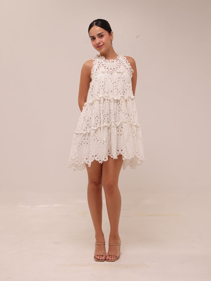 White Eyelet A-Line Ruffle Tiered Boho Indie