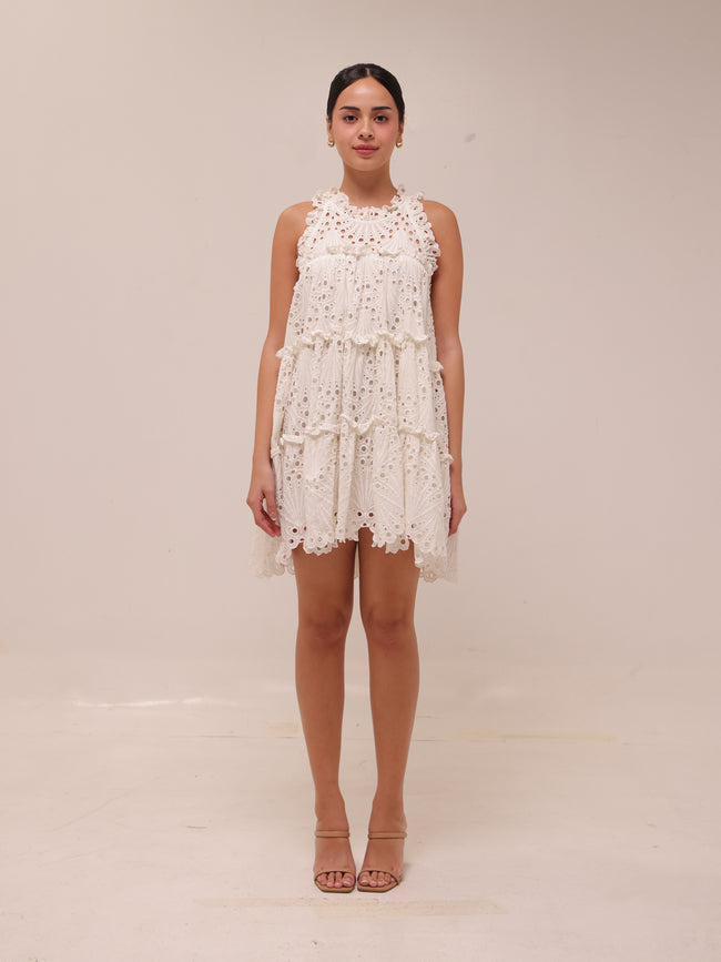 White Eyelet A-Line Ruffle Tiered Boho Indie