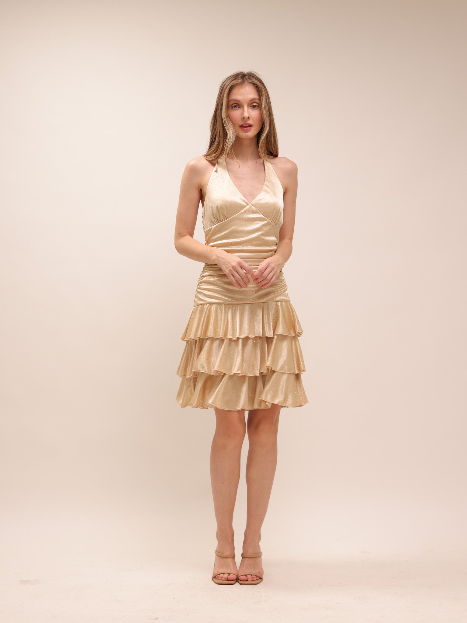 Gold Tiered Halter Mini Dress