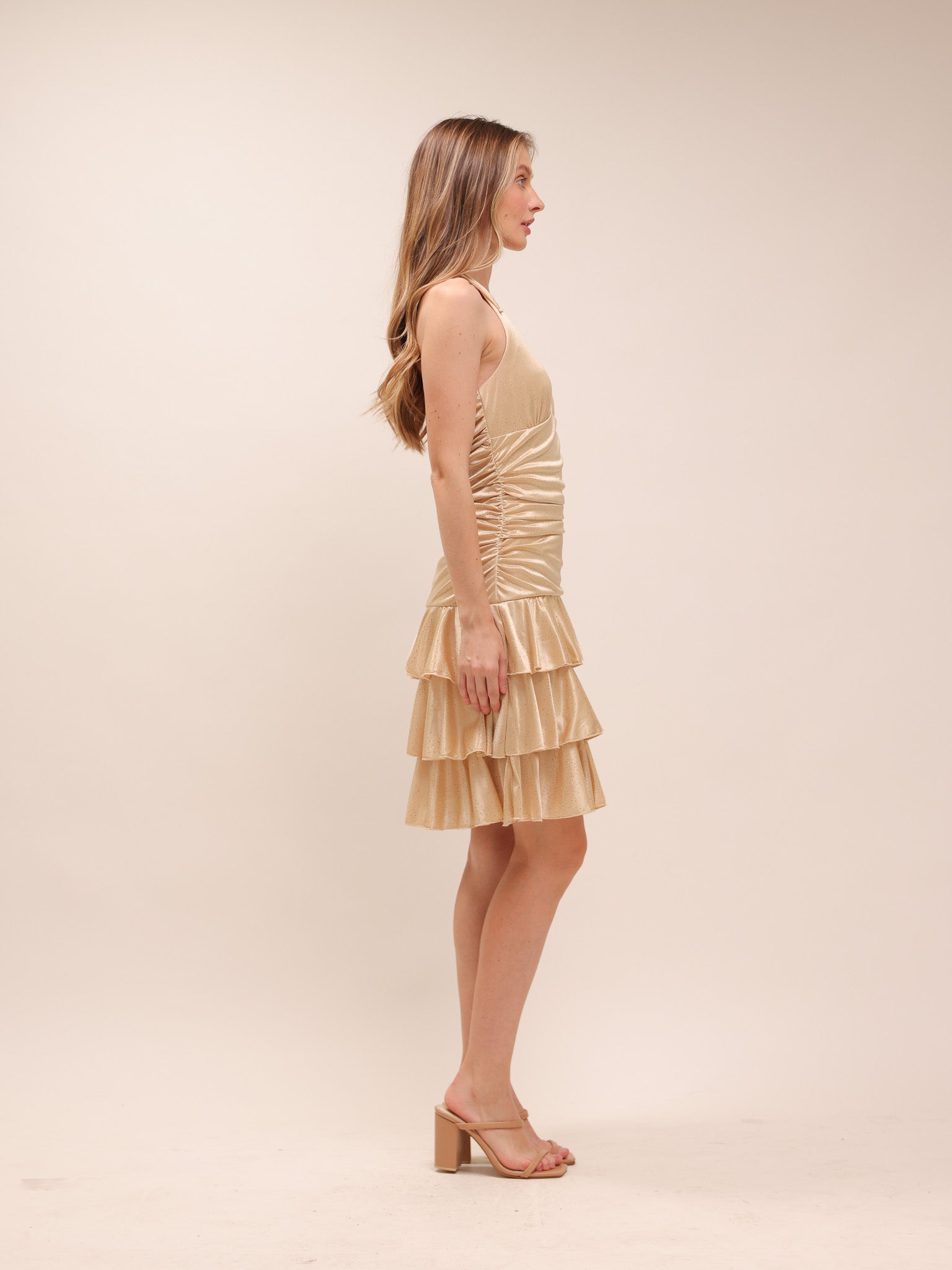 Gold Tiered Halter Mini Dress