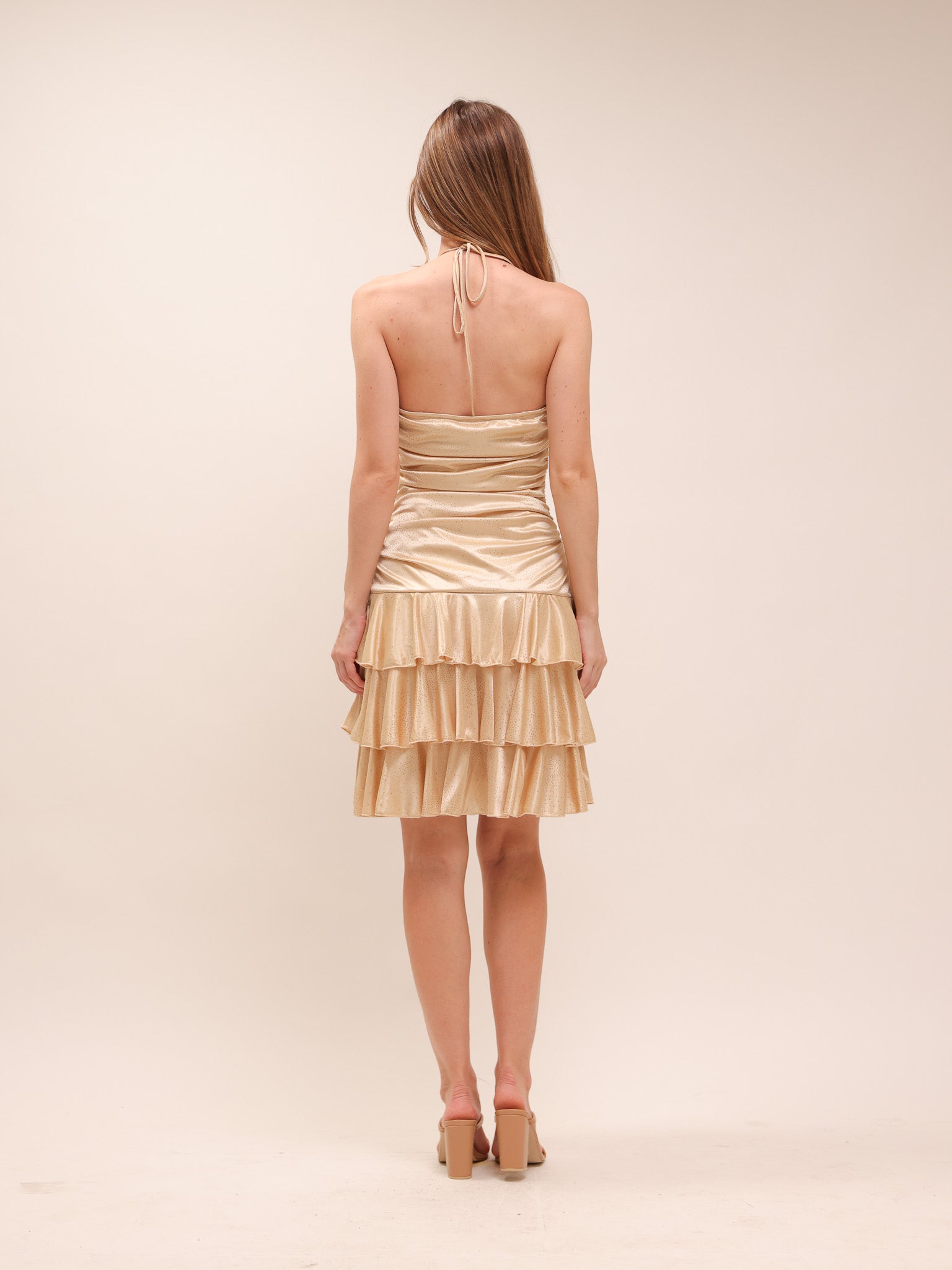 Gold Tiered Halter Mini Dress