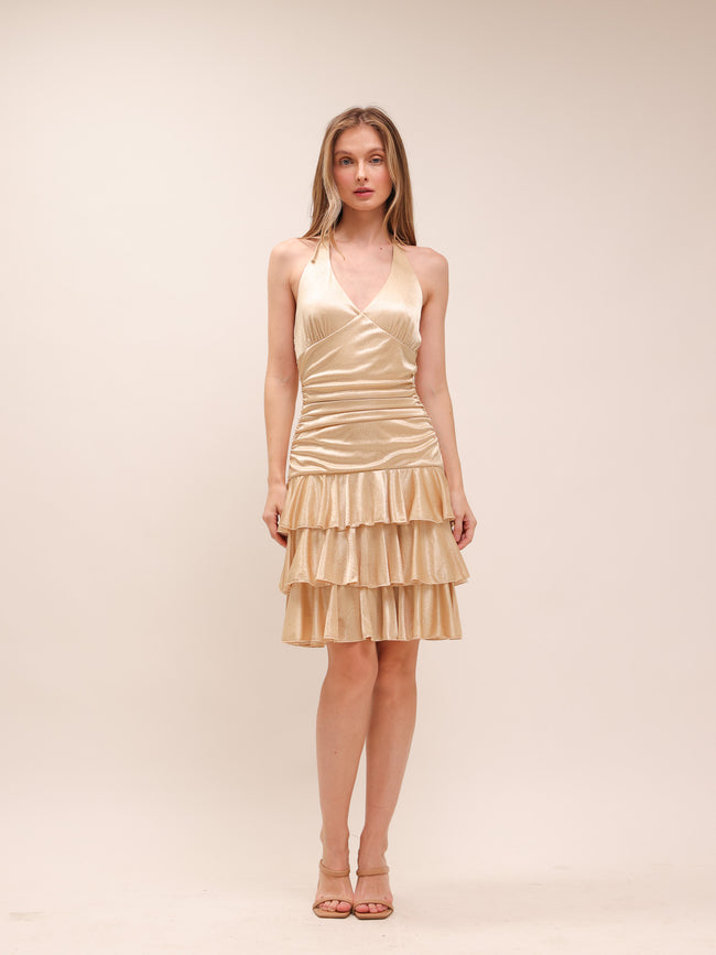 Gold Tiered Halter Mini Dress