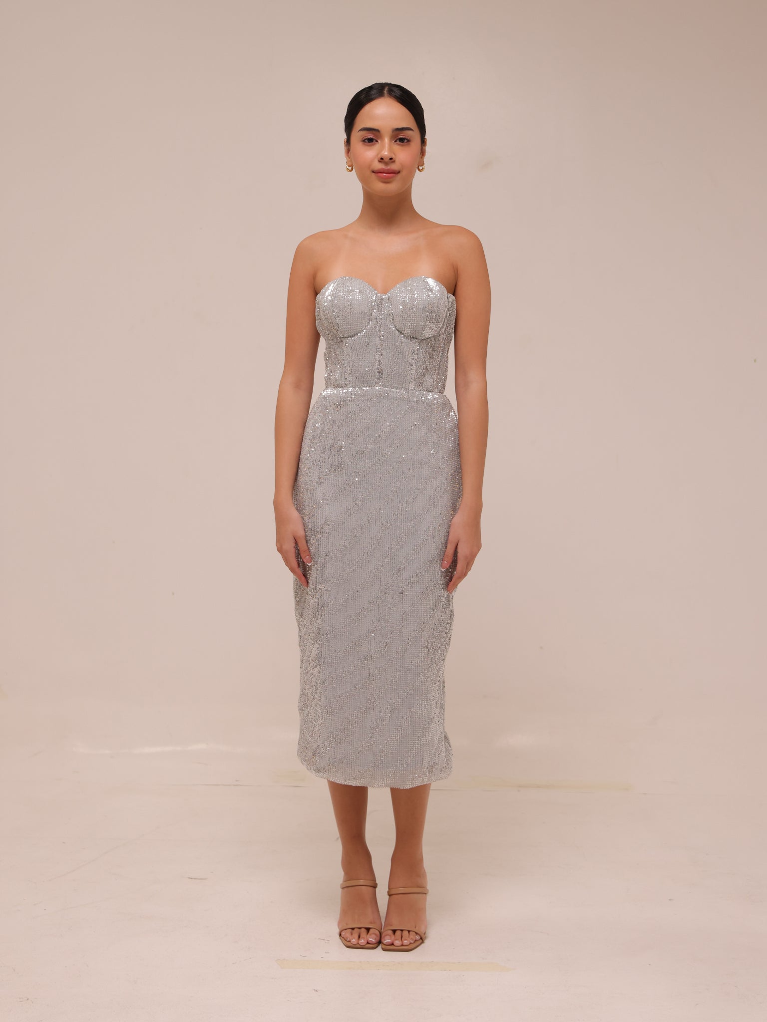 Silver Sequin Strapless Midi Dress
