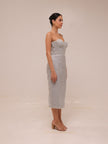 Silver Sequin Strapless Midi Dress