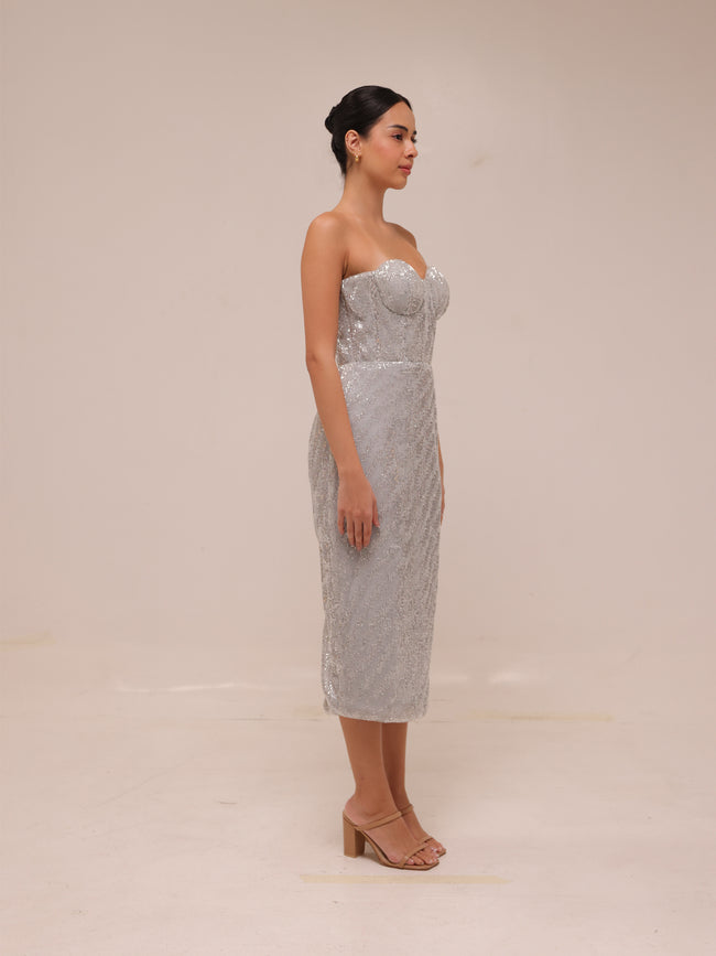 Silver Sequin Strapless Midi Dress