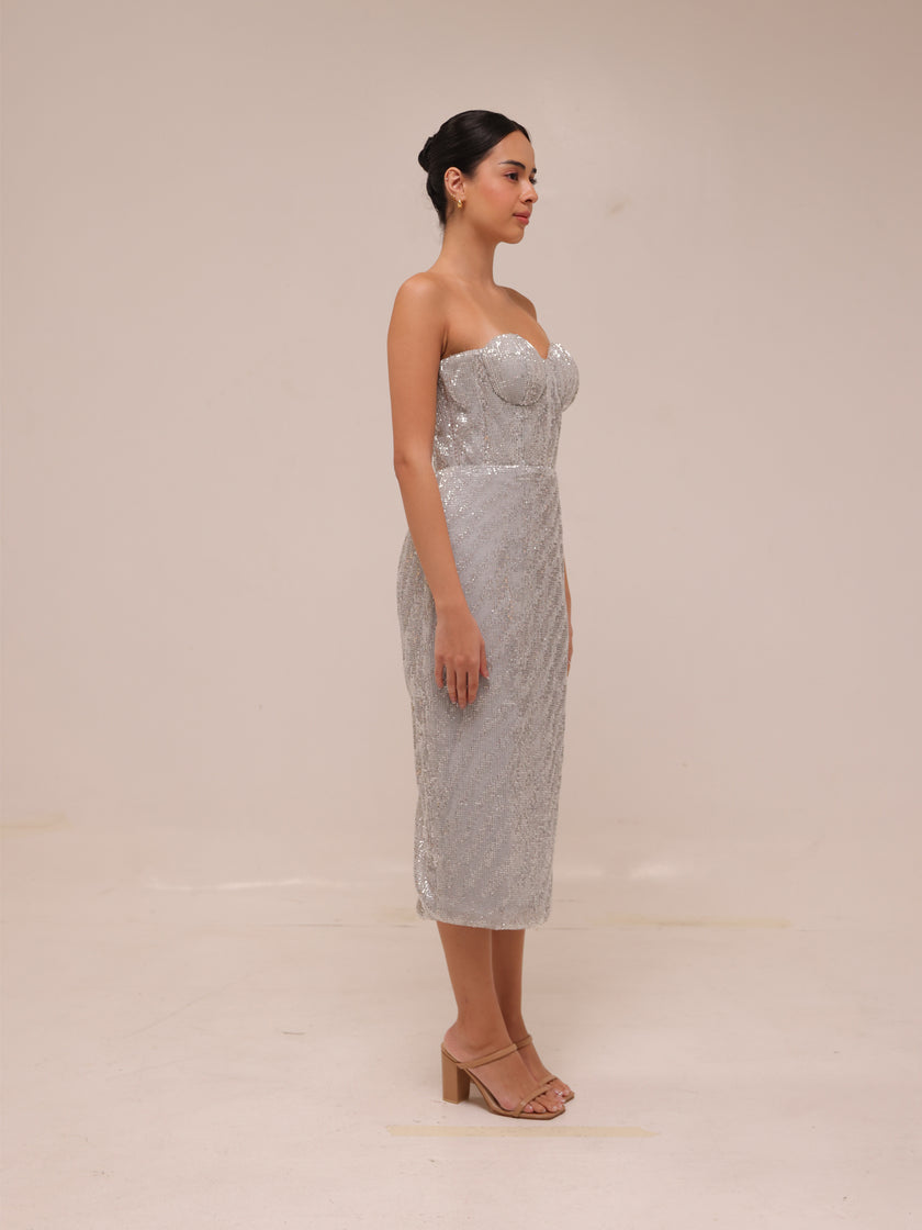 Silver Sequin Strapless Midi Dress