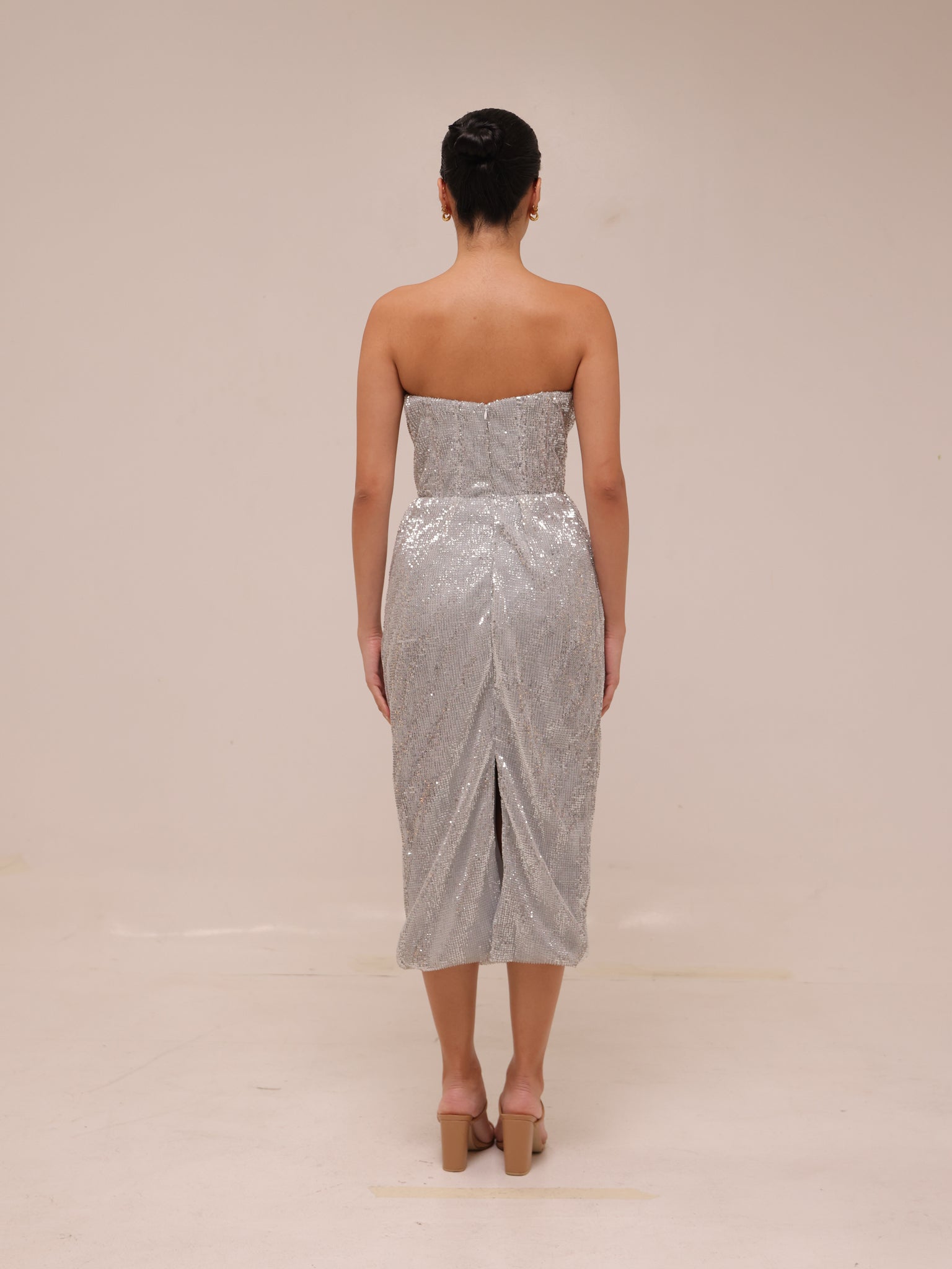 Silver Sequin Strapless Midi Dress